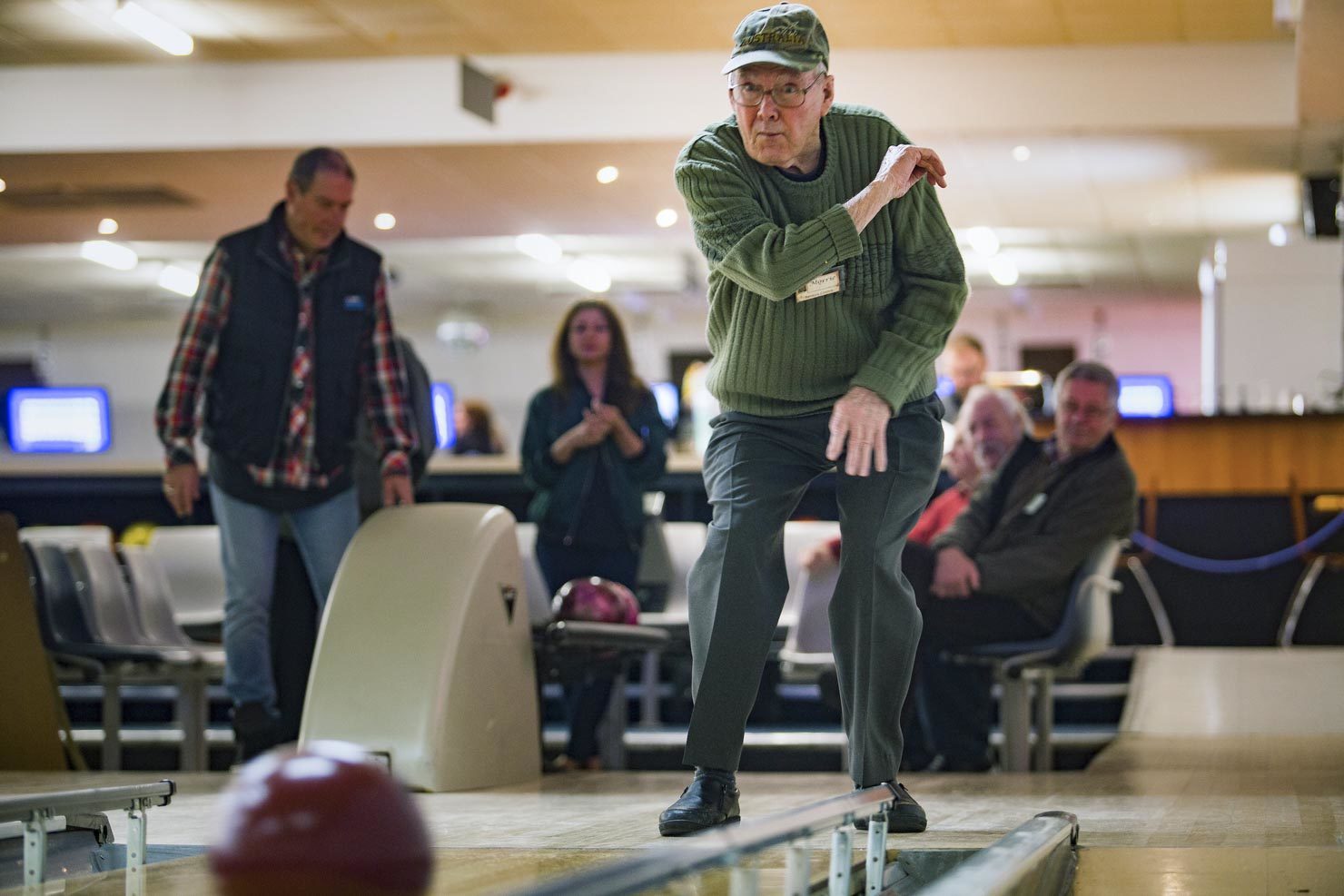 Elderly, aged care, man playing ten pin bowls