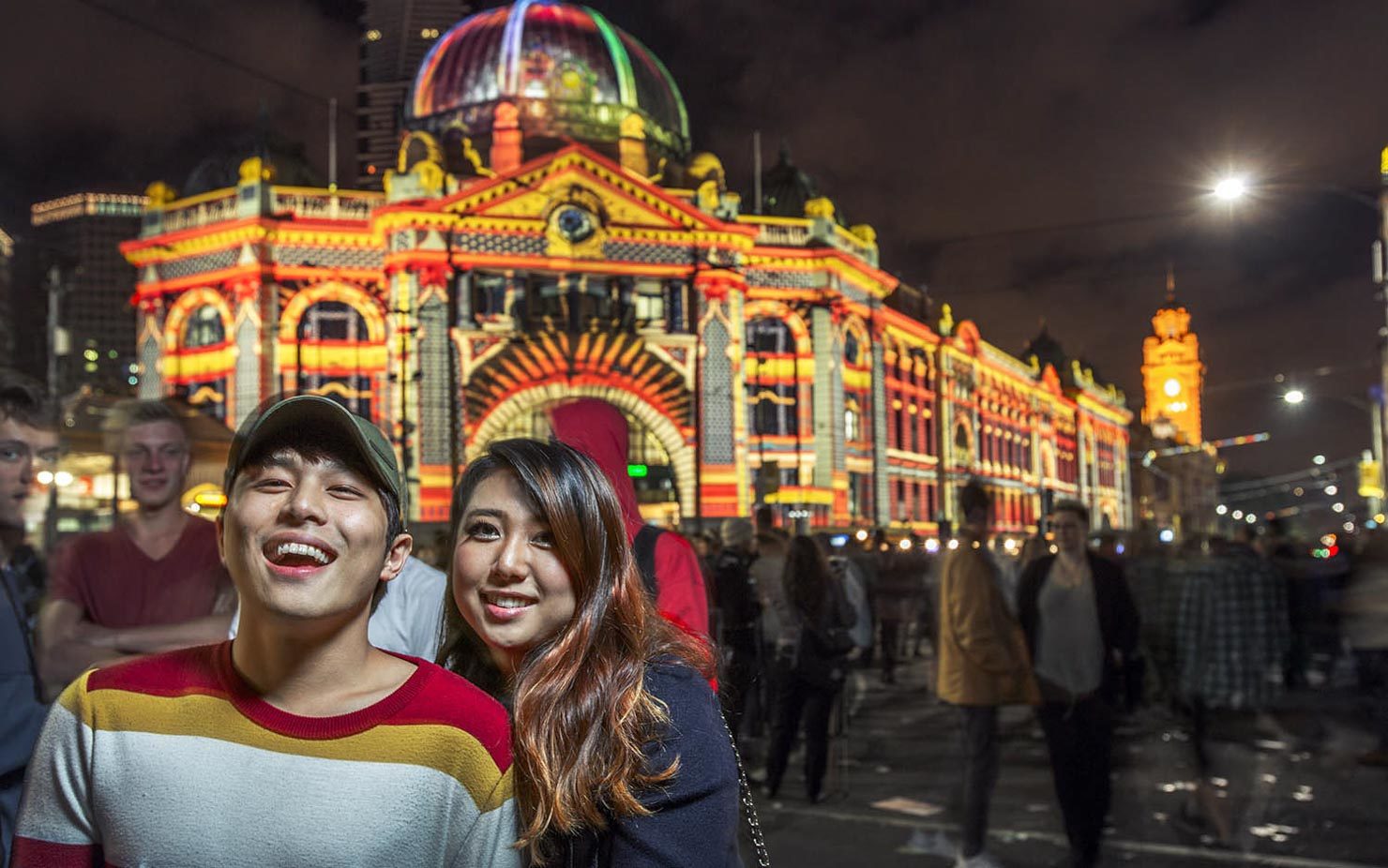 Party goers at Melbourne's Flinder Street Station